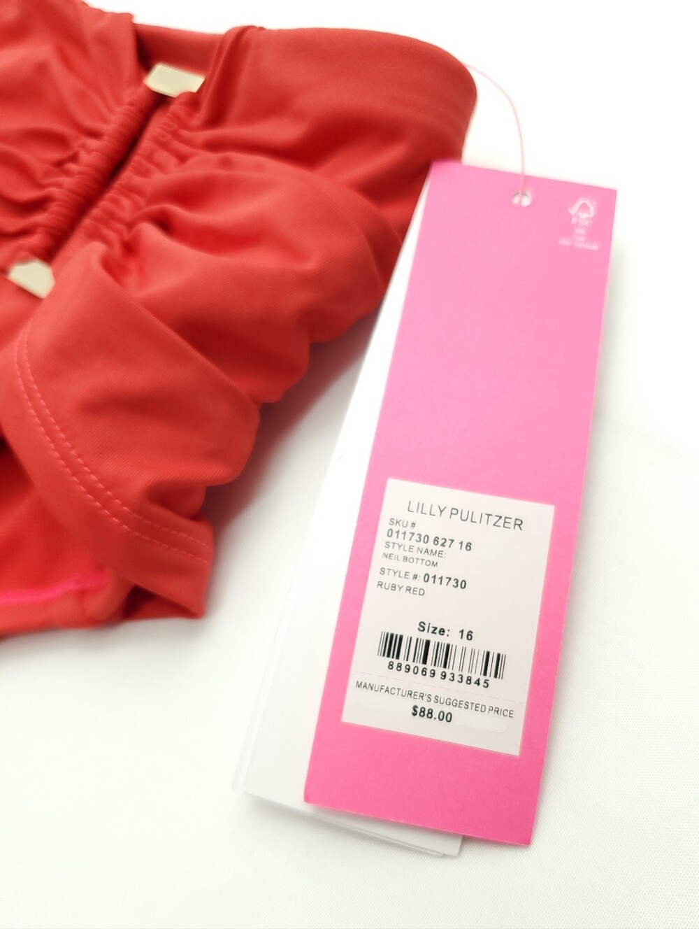 NEW Lilly Pulitzer Neil Ruby Red High Waist Bikini Bottom Ruched Waistband Sz 16 - Picture 5 of 10